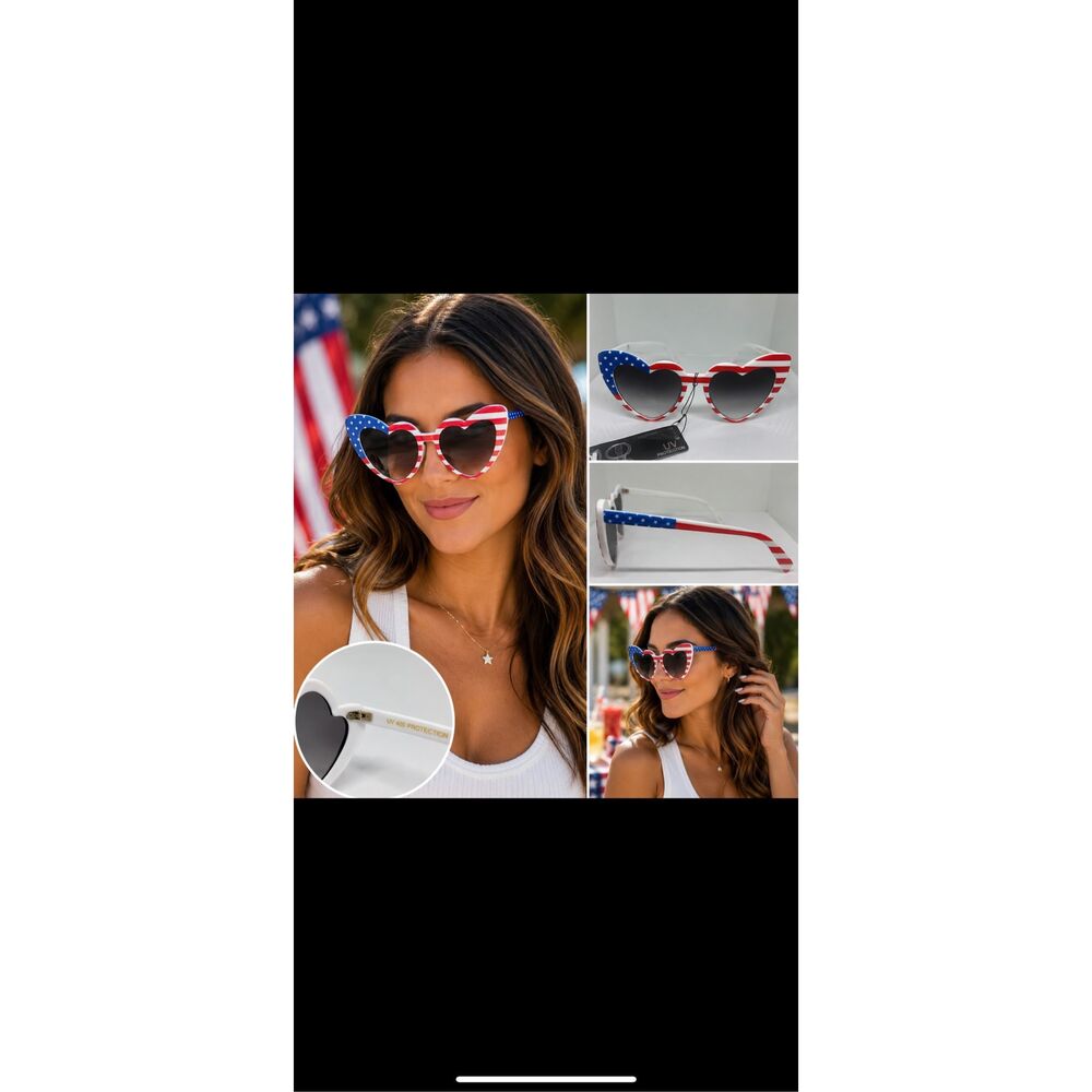 UV400 Patriotic American Flag Heart Shaped Sunglasses Retro Cat Eye Shades
